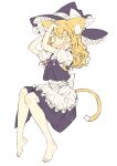  1girl absurdres animal_ear_fluff animal_ears apron back_bow barefoot black_headwear black_vest blonde_hair blush bow cat_ears cat_girl cat_tail commentary_request covering_face embarrassed fang feet flat_color frilled_apron frilled_hat frills full_body furrowed_brow hair_between_eyes hair_bow hat hat_bow highres kirisame_marisa knees_together_feet_apart long_hair looking_at_viewer multiple_hair_bows open_mouth partial_commentary puffy_short_sleeves puffy_sleeves purple_bow seika_okawari shirt short_sleeves simple_background sitting solo sweatdrop tail toes touhou vest waist_apron wavy_hair white_background white_bow white_shirt witch_hat yellow_eyes 