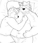 2023 anthro bed belly blush bulge canid canine canis clothing dog_operator domestic_dog duo eyes_closed furniture humanoid_hands kemono lifewonders live_a_hero lying male male/male mammal mokdai navel o8rpwrhvpo15738 overweight overweight_male pillow protagonist_(live_a_hero) romantic romantic_couple sleeping underwear