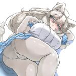  1girl absurdres animal_ears ass big_hair blue_eyes blush breasts cameltoe extra_ears gloves hair_between_eyes highres huge_breasts kemono_friends kemono_friends_3 lion_ears lion_girl lion_tail long_hair looking_at_viewer lying on_side open_mouth panties plaid_sleeves plaid_trim shirt short_sleeves skirt solo tail underwear urisaba white_hair white_lion_(kemono_friends) 