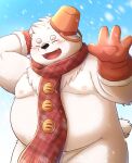 2023 anthro bear belly big_belly black_nose blush boku_to_yukidaruma clothing gloves handwear hi_res humanoid_hands kemono kemonuo male mammal moobs nipples overweight overweight_male scarf snow snowing solo white_body