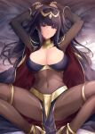  1girl armpits arms_up bed_sheet black_cape black_hair blunt_bangs bodystocking bracelet breasts bridal_gauntlets cape circlet cleavage commentary_request covered_navel fire_emblem fire_emblem_awakening gold_trim high_heels jewelry kirishima_satoshi large_breasts long_hair looking_at_viewer lying neck_ring on_back paid_reward_available parted_lips pelvic_curtain purple_eyes red_cape shadow sidelocks solo spread_legs tharja_(fire_emblem) thighlet two-sided_cape two-sided_fabric two-tone_cape two_side_up 