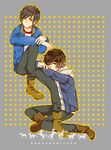  banagher_links boots brown_eyes brown_hair dual_persona gundam gundam_unicorn hood hoodie jacket male_focus multiple_boys nano_(lanthan00) 