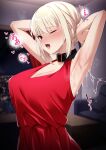  1girl ;o after_ejaculation armpits arms_up black_collar blonde_hair blush bob_cut breasts cityscape cleavage collar commentary_request cum cum_on_armpits cum_on_body cum_string dress hair_ribbon heart heavy_breathing highres indoors kawaruhi large_breasts looking_at_viewer lycoris_recoil night nishikigi_chisato one_eye_closed open_mouth red_dress red_eyes red_ribbon ribbon short_hair sleeveless sleeveless_dress solo sweat window 