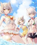  3girls animal_ears bikini bikini_skirt cat_ears chest_jewel grey_hair highres hood hoodie looking_at_viewer mio_(xenoblade) multiple_girls na&#039;el_(xenoblade) navel nia_(fancy_sundress)_(xenoblade) nia_(xenoblade) official_alternate_costume open_clothes open_fly open_hoodie short_hair short_shorts shorts smile stomach swimsuit time_paradox ui_frara water xenoblade_chronicles_(series) xenoblade_chronicles_2 xenoblade_chronicles_3 xenoblade_chronicles_3:_future_redeemed yellow_eyes 