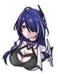  1girl acheron_(honkai:_star_rail) black_choker breasts choker cleavage commentary_request eun_(shiroisthewhite) hair_ornament hair_over_one_eye highres honkai:_star_rail honkai_(series) large_breasts long_hair purple_eyes purple_hair simple_background single_bare_shoulder solo white_background 