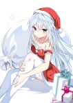  bag blue_eyes breasts collarbone dress fathom gift hat hibiki_(kancolle) highres kantai_collection long_hair looking_at_viewer on_floor santa_dress santa_hat simple_background small_breasts star_(symbol) strapless strapless_dress thighhighs white_hair white_thighhighs 