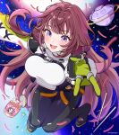  1girl astronaut belt black_belt black_bodysuit blunt_bangs bodysuit brown_hair double-parted_bangs highres lee_roha lee_roha_(3rd_costume) long_hair mugimugigo nijisanji nijisanji_kr official_alternate_costume open_mouth purple_eyes smile solo space v virtual_youtuber 