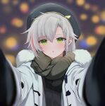  1girl beret blurry brown_scarf coat depth_of_field eiyuu_densetsu english_commentary fie_claussell fur-trimmed_coat fur_trim green_eyes grey_headwear grey_mittens hajimari_no_kiseki hat highres kuro_no_kiseki long_sleeves looking_at_viewer meme mittens parted_lips pov pov_cheek_warming_(meme) rikotch07 scarf solo white_coat white_hair 