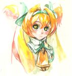  bell blazblue cow_bell hair_ribbon platinum_the_trinity quad_tails ribbon solo soojie_roh symbol-shaped_pupils traditional_media two_side_up upper_body watercolor_(medium) 
