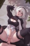 1boy 1girl 2b_(nier:automata) anal black_hairband black_thighhighs blue_eyes breasts cleavage cleavage_cutout clothed_sex clothing_aside clothing_cutout commentary english_commentary erection futa_with_male futanari hair_between_eyes hairband highres leotard leotard_aside looking_at_viewer lying male_on_futa medium_breasts missionary mole mole_under_mouth newhalf newhalf_with_male nier:automata nier_(series) on_back open_mouth penis personal_ami pov sex short_hair solo_focus teeth testicles thigh_strap thighhighs uncensored upper_teeth_only white_hair white_leotard 