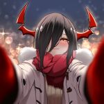  1girl azur_lane black_hair blurry blurry_background blush closed_mouth coat duffel_coat friedrich_der_grosse_(azur_lane) gloves hair_over_one_eye horns long_hair long_sleeves looking_at_viewer meme pov pov_cheek_warming_(meme) red_gloves red_horns red_scarf scarf smile solo upper_body whitter yellow_eyes 