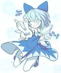  1girl absurdres blue_bow blue_dress blue_eyes blue_footwear blue_hair blush bow cirno collared_shirt detached_wings dress fairy fingerprint full_body grin hair_bow highres ice ice_wings morino_hon one_eye_closed shirt shoes short_sleeves smile snowflakes solo touhou v white_shirt wings 