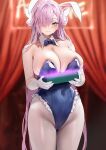  1girl absurdres animal_ears azur_lane bare_shoulders blue_eyes blurry blurry_background blush breasts chela77 cleavage closed_mouth commentary covered_navel curtains detached_collar elbow_gloves fake_animal_ears frills gloves hair_ornament hair_over_one_eye highleg highleg_leotard highres holding huge_breasts leotard long_hair louisville_(azur_lane) official_art pantyhose pink_hair rabbit_ears shiny_skin simple_background solo sweat sweatdrop 