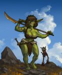 absurd_res ambiguous_gender armor belt breasts brown_body cloud dagger day digital_media_(artwork) duo ear_piercing ear_ring female goblin gondola_(spurdo) grass green_body green_skin headgear helmet hi_res holding_object holding_weapon horn horned_helmet humanoid humanoid_pointy_ears justsomenoob melee_weapon muscular muscular_female outside piercing plant red_eyes ring_piercing rock smile standing weapon