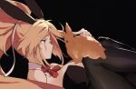  1girl animal_ears baiken big_hair black_leotard bow bowtie breasts detached_collar facial_tattoo fake_animal_ears guilty_gear guilty_gear_strive jako_(toyprn) large_breasts leotard long_hair one-eyed pink_hair playboy_bunny ponytail rabbit rabbit_ears rabbit_girl red_eyes strapless strapless_leotard tattoo 