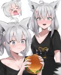  1girl absurdres ahoge anger_vein animal_ears aqua_eyes black_shirt blush braid breasts burger casual cleavage crossed_bangs eating embarrassed food fox_ears fox_girl grey_hair hair_between_eyes hair_rings highres hoangryu hololive looking_at_viewer medium_breasts multiple_views open_mouth projected_inset shirakami_fubuki shirt simple_background smile tongue tongue_out twin_braids twintails v-neck virtual_youtuber 