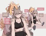  2girls absurdres ahoge animal_ears arknights artist_name bare_shoulders black_shorts black_sports_bra blonde_hair breasts closed_eyes english_text extra_ears hands_on_another&#039;s_shoulders heart highres medium_breasts multiple_girls open_mouth penance_(arknights) pink_shorts ponytail red_eyes shirt shorts simple_background sitting sora_(arknights) speech_bubble sports_bra stretching tail teeth togekk0 upper_teeth_only white_shirt wolf_ears wolf_girl wolf_tail yellow_eyes 