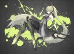  1girl absurdres bare_shoulders black_dress blonde_hair cdlo chainsword dress gradient_hair grey_hair headgear highres holding holding_sword holding_weapon joints long_hair mechanical_arms mechanical_foot mechanical_legs multicolored_hair nanami:_pulse_(punishing:_gray_raven) nanami_(punishing:_gray_raven) ponytail punishing:_gray_raven robot_joints skates solo sword v very_long_hair weapon yellow_eyes 