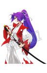  hakama japanese_clothes kataginu katana kimono long_hair lowres meira ponytail profile purple_hair serious solo soumendaze sword touhou touhou_(pc-98) transparent_background watermark weapon 
