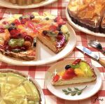  artist_name blueberry fine_9725 food food_focus fork fruit fruit_tart garnish kiwi_(fruit) kiwi_slice knife no_humans original plaid plate realistic sparkle still_life strawberry tablecloth tart_(food) tart_slice 