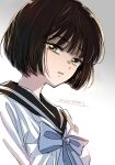  1girl artist_name black_sailor_collar blue_bow bob_cut bow brown_eyes brown_hair commentary_request gradient_background grey_background looking_at_viewer original parted_lips sailor_collar school_uniform serafuku shirt short_hair signature simple_background solo sugano_manami upper_body 