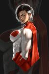  1girl artist_name black_background black_hair bodysuit breasts cape commentary english_commentary from_side genderswap genderswap_(mtf) glowing glowing_eyes grey_hair hibren highres invincible_(series) large_breasts looking_at_viewer looking_to_the_side mature_female multicolored_hair muscular muscular_female nolan_grayson omni-man red_bodysuit red_cape red_eyes short_hair skin_tight solo two-tone_bodysuit two-tone_hair white_bodysuit white_eyes zoom_layer 