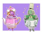  2girls blonde_hair blush closed_eyes colored_skin cup dress green_skin hair_ornament hand_on_own_face kasugai_(de-tteiu) liquid multiple_girls open_mouth personification pokemon pokemon_(creature) purple_skin sinistcha sinistea sparkle symbol-shaped_eyes teacup teapot 