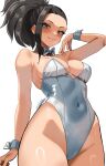  1girl absurdres arm_at_side black_eyes black_hair blush boku_no_hero_academia bow bowtie breasts bright_pupils closed_mouth commentary_request covered_navel detached_collar fake_tail from_below hair_pulled_back hand_up highleg highleg_leotard highres large_breasts leotard looking_at_viewer looking_down paid_reward_available playboy_bunny ponytail rabbit_tail simple_background smile solo strapless strapless_leotard sweatdrop tail white_background white_bow white_bowtie white_leotard white_pupils white_wrist_cuffs wrist_cuffs yaoyorozu_momo zd_(pixiv6210083) 