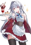  1girl absurdres alternate_costume apron belt black_thighhighs cake clara_(honkai:_star_rail) detached_sleeves dress enmaided food frilled_apron frills grey_hair hair_between_eyes hair_intakes highres holding holding_tray honkai:_star_rail honkai_(series) ice_cream long_hair long_sleeves looking_at_viewer maid maid_apron open_mouth pink_eyes shiroi_ou sidelocks solo sundae thighhighs tray waist_apron white_apron 