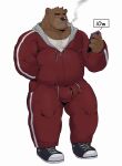 2023 absurd_res anthro bear black_nose blush brown_body brown_fur bulge cellphone clothing electronics fur genitals hi_res humanoid_hands kemono male mammal musclegut overweight overweight_male penis phone shirt simple_background smartphone smoking solo topwear warr white_background