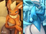 anthro biped blue_body breasts butt clothed clothing duo eeveelution eyelashes female flareon fur generation_1_pokemon generation_4_pokemon glaceon hat headgear headwear heat_miser looking_at_viewer looking_back looking_back_at_viewer nintendo ozoneserpent pokemon pokemon_(species) pupils red_body smile snow_miser