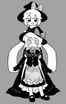  2girls :3 apron blush bow bowtie braid bright_pupils bseibutsu buttons capelet commentary_request cookie_(touhou) elbow_gloves full_body gloves greyscale hair_bow hat hat_bow highres kirisame_marisa long_skirt looking_at_viewer mary_janes medium_bangs meguru_(cookie) monochrome multiple_girls open_mouth shoes short_hair side_braid simple_background single_braid skirt skirt_set sleeves_past_fingers sleeves_past_wrists socks standing touhou v-shaped_eyebrows vest waist_apron witch_hat yuuhi_(cookie) 