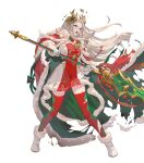  1girl blue_eyes cape damaged diamond_print dress edelgard_von_hresvelg edelgard_von_hresvelg_(snowfall_future) fake_horns fire_emblem fire_emblem:_three_houses fire_emblem_heroes gloves green_cape high_heels highres holding holding_polearm holding_weapon horns long_hair multicolored_clothes multicolored_dress non-web_source official_alternate_costume official_art open_mouth polearm red_cape red_dress red_thighhighs simple_background solo teeth teffish thighhighs torn_cape torn_clothes upper_teeth_only v-shaped_eyebrows weapon white_background white_dress white_footwear white_gloves white_hair 
