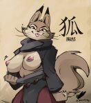 anthro areola biped breasts canid canine clothed clothing female flashing grey_fox hi_res looking_at_viewer mammal nipples solo tongue tongue_out urocyon zhen_(kung_fu_panda) zinnick