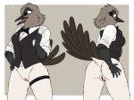 anthro anus avian bird black_tie_(suit) blush body_blush bottomless bow_tie butt casual_exposure clothed clothing dress_shirt female fish_birb genitals hi_res leg_strap looking_back millie_(fish_birb) oscine passerine presenting presenting_hindquarters pussy pussy_blush raised_tail rolled_up_sleeves shirt solo starling_(bird) suit tail topwear towel vest waiter waiter_suit