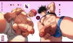  2boys abs bara bare_pectorals black_hair black_tank_top blue_male_underwear blush closed_mouth clothes_lift erection facial_mark fushiguro_megumi highres itadori_yuuji jezz_mons_art jujutsu_kaisen large_pectorals male_focus male_underwear male_underwear_pull multiple_boys muscular muscular_male navel nipples open_mouth pectorals penis pink_hair short_hair smile tank_top testicles thick_thighs thighs twitter_username uncensored underwear white_male_underwear white_tank_top yaoi 