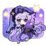  1girl black_gloves black_pantyhose black_swan_(honkai:_star_rail) chibi commentary_request crystal_ball gloves gnsn_no09 highres honkai:_star_rail honkai_(series) long_hair looking_at_viewer pantyhose purple_eyes purple_hair smile solo veil very_long_hair 