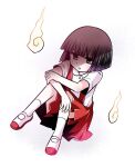  1girl black_hair bob_cut collared_shirt commentary_request full_body hanako-san_(toire_no_hanako-san) hand_on_own_elbow hitodama knees_up parted_lips pleated_skirt purple_eyes red_skirt shirt shoes short_hair short_sleeves simple_background sitting skirt socks solo suspender_skirt suspenders toire_no_hanako-san uwabaki v-shaped_eyebrows white_background white_footwear white_shirt white_socks yyukke 