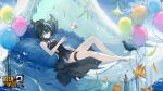  1girl ahoge balloon bare_arms bare_legs bare_shoulders barefoot bed bed_frame benghuai_xueyuan bird black_dress black_hair breasts choker closed_mouth cloud copyright_name cushion day dress floating floating_object flower full_body green_eyes green_hair hair_between_eyes head_chain highres honkai_(series) lying multicolored_hair official_art on_bed outdoors second-party_source sky sleeveless sleeveless_dress smile solo thigh_strap two-tone_hair wendy_(honkai_impact) 
