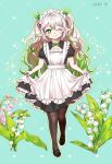  1girl ;) alternate_costume alternate_hairstyle apron aqua_background black_footwear black_pantyhose clothes_lift commentary_request enmaided flower frilled_apron frills full_body genshin_impact gradient_hair green_eyes hair_between_eyes highres lifted_by_self lily_(flower) long_hair looking_at_viewer maid maid_apron maid_headdress mary_janes mata_ashita multicolored_hair nahida_(genshin_impact) one_eye_closed pantyhose pointy_ears shoes short_sleeves sidelocks simple_background skirt skirt_lift smile solo standing streaked_hair symbol-shaped_pupils two-tone_hair two_side_up wavy_hair white_hair 