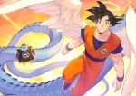  2boys angel_wings antenna_hair arms_behind_back black_eyes black_hair blue_skin chinese_clothes colored_skin dougi dragon_ball dragon_ball_z feathered_wings floating halo highres kotatsu_(g-rough) male_focus multiple_boys muscular muscular_male north_kaiou pointy_ears smile snake_way son_goku sunglasses wings wristband 