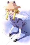  blonde_hair dress full_body hair_ribbon hat leaning_forward long_sleeves moriya_suwako okina_ika open_mouth outstretched_arms ribbon sleeves_past_wrists smile solo spread_arms standing thighhighs touhou white_legwear yellow_eyes zettai_ryouiki 