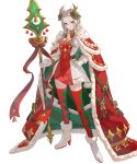  1girl blue_eyes cape diamond_print dress edelgard_von_hresvelg edelgard_von_hresvelg_(snowfall_future) fake_horns fire_emblem fire_emblem:_three_houses fire_emblem_heroes gloves green_cape hand_on_own_hip high_heels highres holding holding_polearm holding_weapon horns long_hair looking_at_viewer multicolored_clothes multicolored_dress non-web_source official_alternate_costume official_art polearm red_cape red_dress red_thighhighs smile solo teffish thighhighs weapon white_dress white_footwear white_gloves white_hair 