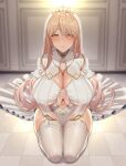  1girl blonde_hair blush breasts cleavage closed_mouth clothing_cutout diamond_earrings dress earrings hair_between_eyes headpiece highres indoors jewelry kneeling large_breasts long_hair looking_at_viewer navel navel_cutout nijisanji nui_sociere nui_sociere_(6th_costume) nun official_alternate_costume own_hands_together sitting smile solo sweat thighhighs very_long_hair veryhardloco virtual_youtuber white_dress white_thighhighs yellow_eyes 