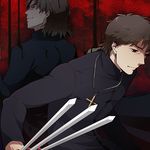 bad_id bad_pixiv_id black_keys brown_eyes brown_hair cross dual_persona fate/stay_night fate/zero fate_(series) kotomine_kirei male_focus multiple_boys sndokome trench_coat younger 