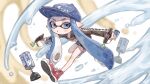  1girl baseball_cap blue_eyes blue_hair blue_headwear commentary_request full_body hat highres inkling inkling_girl long_hair plum0o0 pointy_ears red_footwear shoes solo splat_dualies_(splatoon) splatoon_(series) splatoon_3 suction_bomb_(splatoon) tentacle_hair white_background 