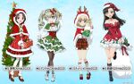  4girls ;d anchovy_(girls_und_panzer) animal_ears antlers asymmetrical_bangs bell belt black_belt black_choker black_eyes black_footwear black_hair black_pantyhose blonde_hair blue_background blue_eyes bob_cut boots bow bowtie brown_eyes brown_hair cape capelet center_frills character_name choker christmas christmas_ornaments christmas_tree closed_mouth combat_boots commentary_request cross-laced_footwear crossed_legs deer_ears dress dress_shirt drill_hair fake_animal_ears fake_horns frilled_hairband frilled_sleeves frills fur-trimmed_cape fur-trimmed_capelet fur-trimmed_dress fur_trim gift girls_und_panzer girls_und_panzer_senshadou_daisakusen! green_cape green_hair green_skirt grey_footwear grin hair_ornament hairband hat hat_bow high_heels highres holding holding_gift holding_sack hood hood_up hooded_cape hooded_capelet horns katyusha_(girls_und_panzer) lace-up_boots layered_dress layered_skirt leg_up long_hair long_sleeves multiple_girls neck_bell nishi_kinuyo off-shoulder_dress off_shoulder official_alternate_costume official_art one_eye_closed open_mouth pantyhose parted_bangs plaid plaid_shorts print_dress red_bow red_bowtie red_cape red_capelet red_eyes red_footwear red_headwear red_shorts reindeer_antlers sack santa_dress santa_hat sawa_azusa shirt short_dress short_hair short_shorts shorts skirt skirt_hold smile snowflake_print socks standing standing_on_one_leg star_(symbol) star_choker star_hair_ornament straight_hair stuffed_animal stuffed_rabbit stuffed_toy translated twin_drills twintails underbust watermark white_pantyhose white_shirt white_socks 