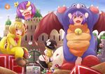  6+girls :d :o blonde_hair coin cosplay crescent crescent_hair_ornament detonator fire_flower hair_ornament hat heart hong_meiling ibuki_suika jagabutter kawashiro_nitori kedama kirisame_marisa koakuma koopa_clown_car long_hair mario_(series) multiple_girls mushroom open_mouth patchouli_knowledge purple_hair red_eyes remilia_scarlet rumia short_hair skull smile starman_(mario) sun super_mario_bros. super_marisa_world super_mushroom text_in_mouth toad touhou tyrannosaurus_rex v-shaped_eyebrows warp_pipe wings witch_hat 