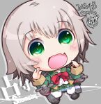  1girl big_head blonde_hair cannon character_name chibi colored_tips fur-trimmed_sleeves fur_trim green_eyes green_jacket green_sailor_collar green_skirt hair_between_eyes highres jacket kantai_collection kuroneko_(kuroneko_works) long_sleeves multicolored_hair neck_ribbon open_mouth pantyhose pleated_skirt red_ribbon ribbon rigging sailor_collar school_uniform serafuku shimushu_(kancolle) short_hair skirt solo white_pantyhose 