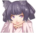  1girl animal_ear_fluff animal_ears black_hair closed_mouth commentary_request fox_ears hands_up japanese_clothes kimono kuro_kosyou long_sleeves looking_at_viewer original pink_lips purple_eyes simple_background sleeves_past_wrists solo upper_body white_background white_kimono wide_sleeves 